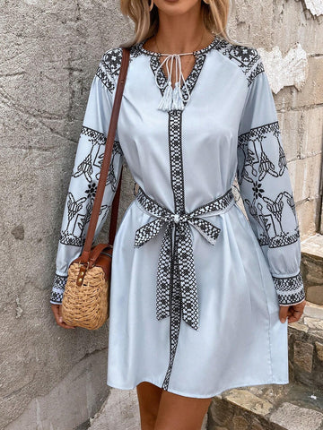 Women V-Neck Tie Waist Printed Shirt Dress With Split Hem For Spring/Summer