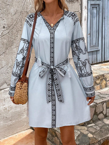 Women V-Neck Tie Waist Printed Shirt Dress With Split Hem For Spring/Summer