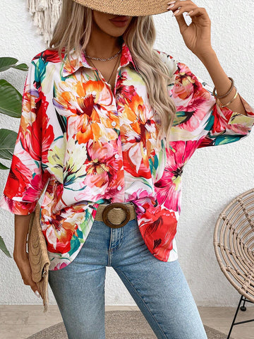LUNE Women Vacation Floral Printed Loose Fit 3/4 Sleeve Shirt