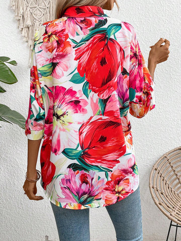 LUNE Women Vacation Floral Printed Loose Fit 3/4 Sleeve Shirt