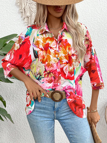 LUNE Women Vacation Floral Printed Loose Fit 3/4 Sleeve Shirt