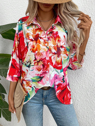 LUNE Women Vacation Floral Printed Loose Fit 3/4 Sleeve Shirt