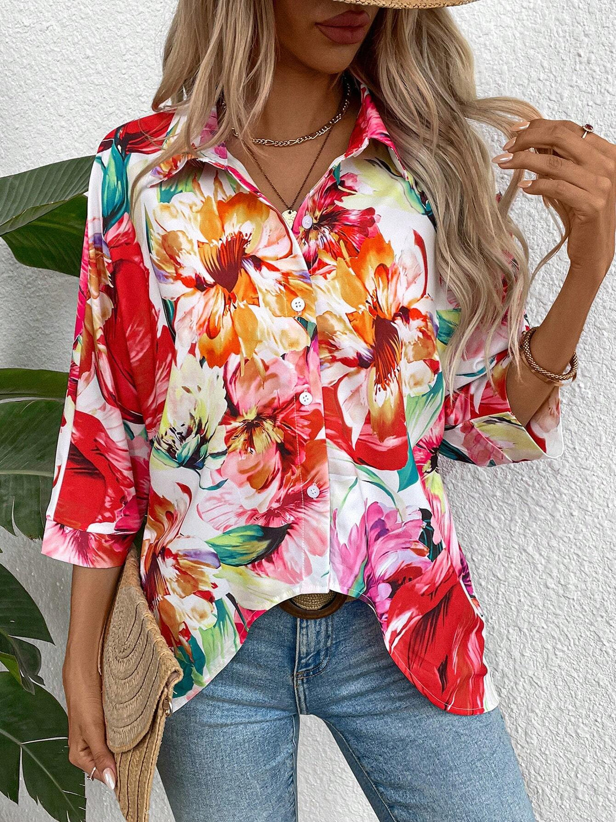 LUNE Women Vacation Floral Printed Loose Fit 3/4 Sleeve Shirt