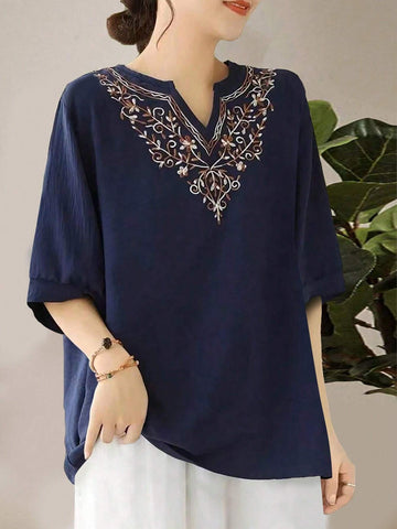 LUNE Women Vacation Leisure Positioning Embroidery Notched Neck Short-Sleeved Shirt