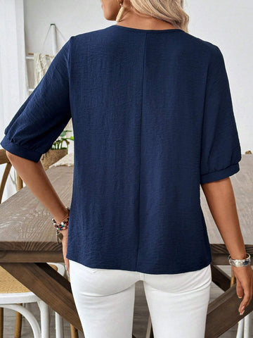 LUNE Women Vacation Leisure Positioning Embroidery Notched Neck Short-Sleeved Shirt