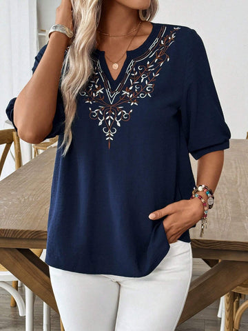 LUNE Women Vacation Leisure Positioning Embroidery Notched Neck Short-Sleeved Shirt