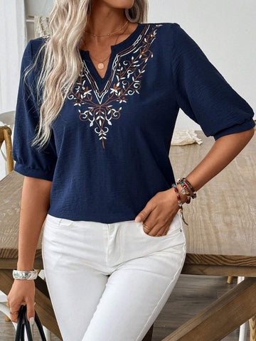 LUNE Women Vacation Leisure Positioning Embroidery Notched Neck Short-Sleeved Shirt