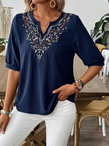 LUNE Women Vacation Leisure Positioning Embroidery Notched Neck Short-Sleeved Shirt