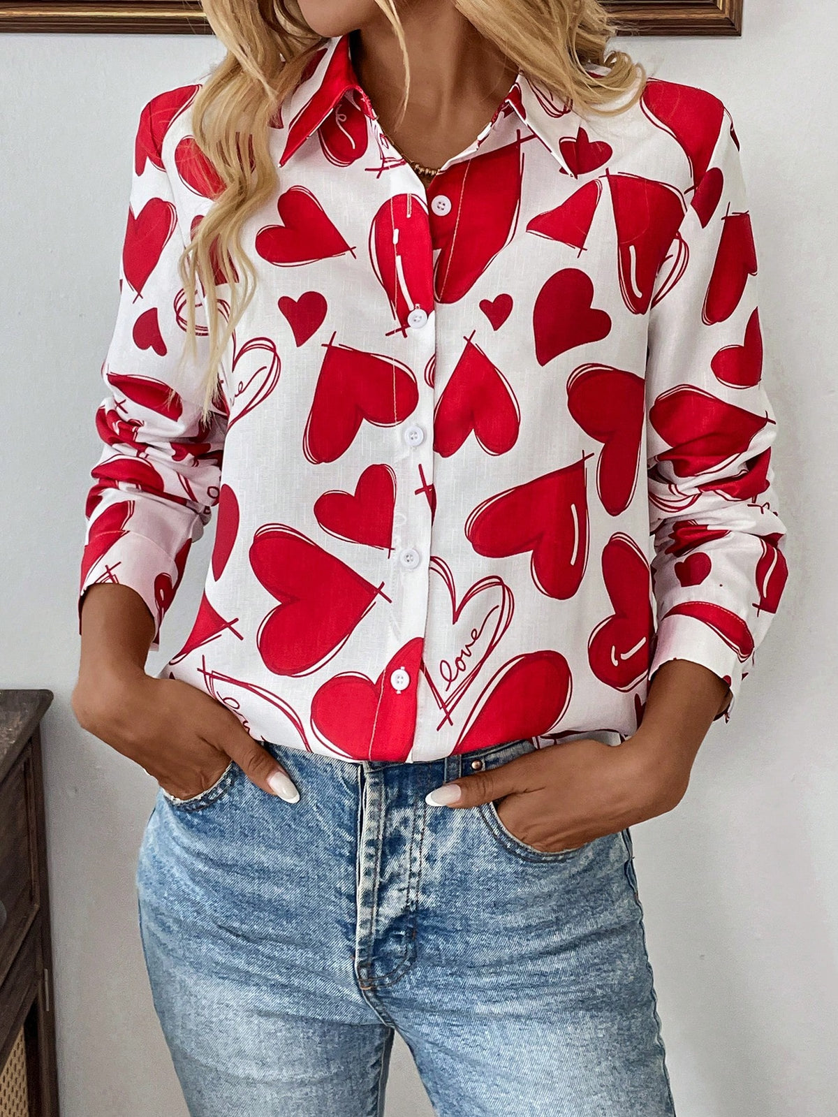 LUNE Women Valentine's Day Print Front-Open Long Sleeve Shirt