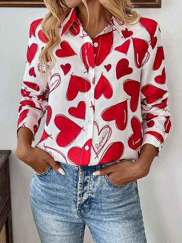 LUNE Women Valentine's Day Print Front-Open Long Sleeve Shirt