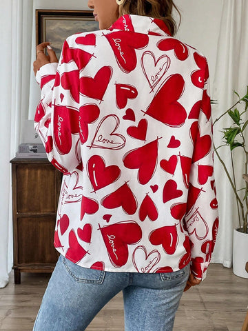 LUNE Women Valentine's Day Print Front-Open Long Sleeve Shirt