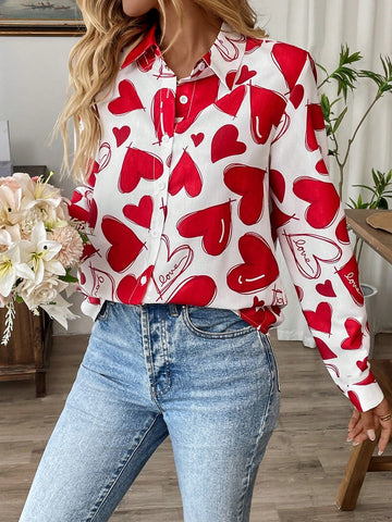 LUNE Women Valentine's Day Print Front-Open Long Sleeve Shirt