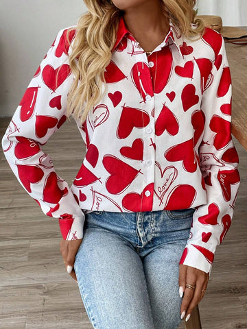 LUNE Women Valentine's Day Print Front-Open Long Sleeve Shirt