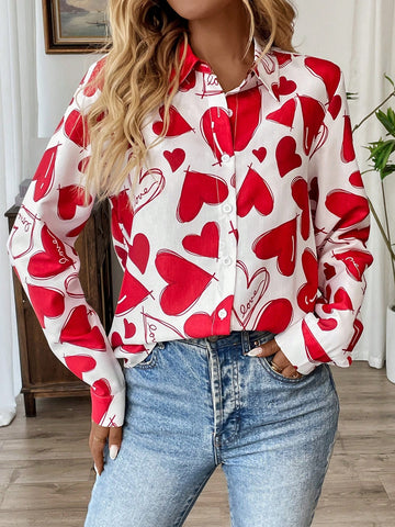 LUNE Women Valentine's Day Print Front-Open Long Sleeve Shirt
