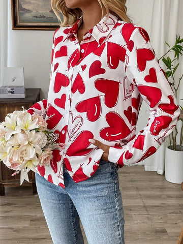 LUNE Women Valentine's Day Print Front-Open Long Sleeve Shirt