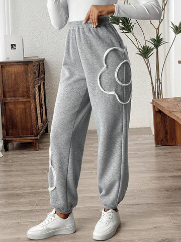 LUNE Women's 3D Floral Print Fleece Lined Casual Home Trousers For Autumn And Winter