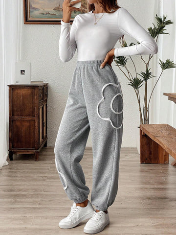 LUNE Women's 3D Floral Print Fleece Lined Casual Home Trousers For Autumn And Winter