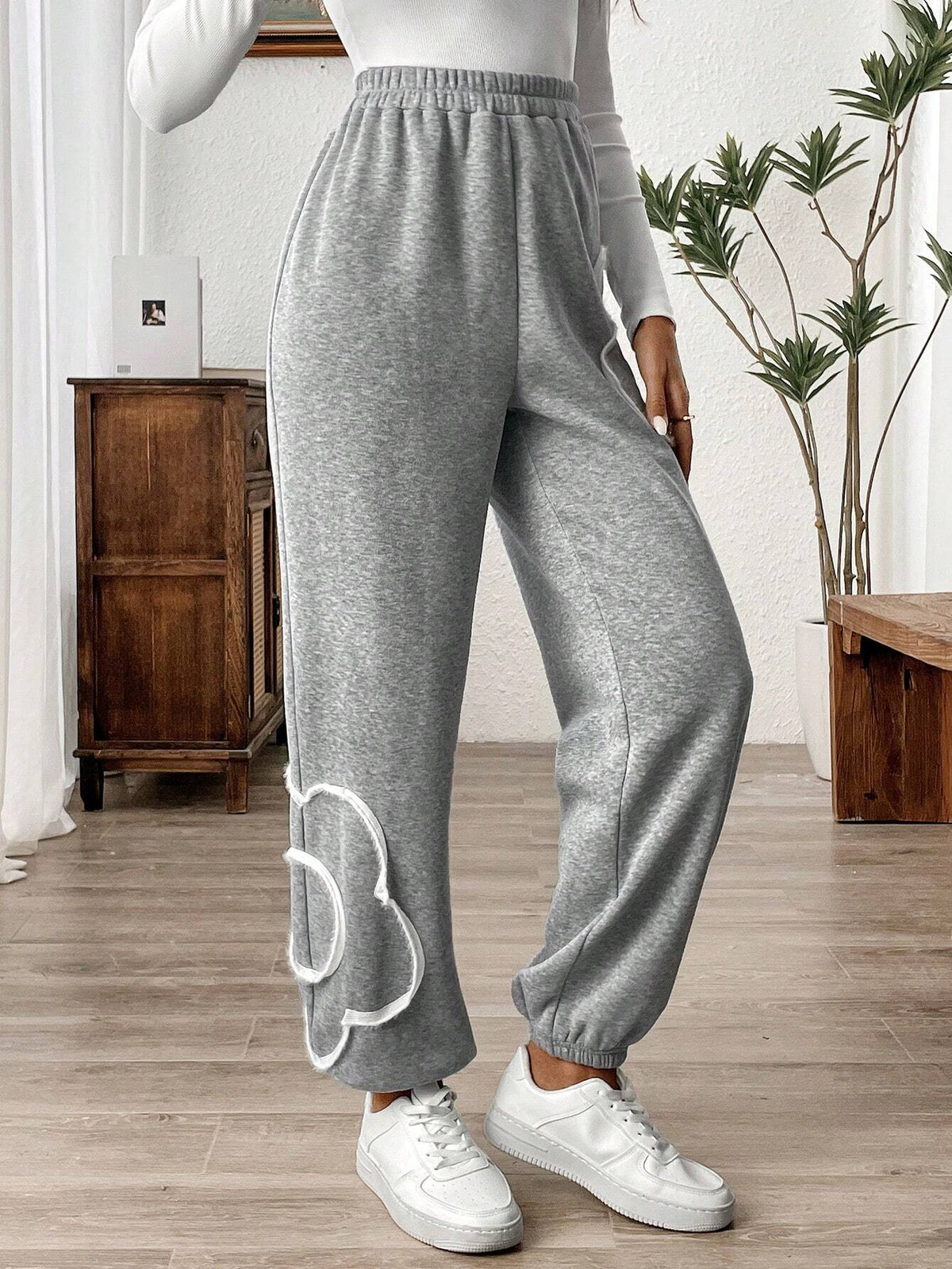 LUNE Women's 3D Floral Print Fleece Lined Casual Home Trousers For Autumn And Winter