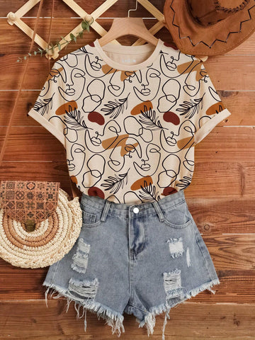 LUNE Women's All-Over Printed Round Neck Short Sleeve T-Shirt