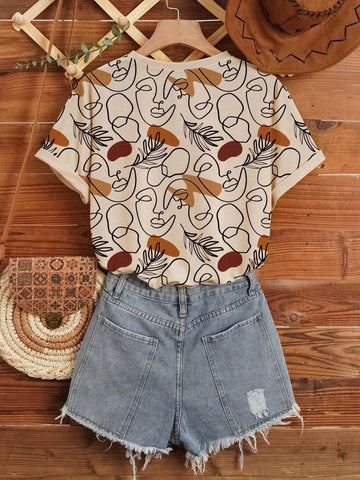 LUNE Women's All-Over Printed Round Neck Short Sleeve T-Shirt