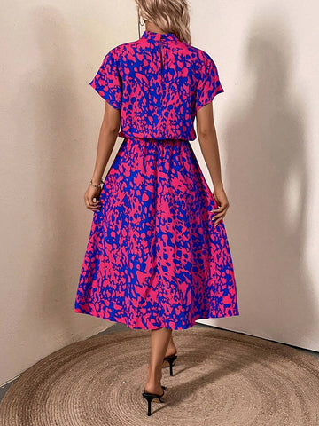 Women's All Over Printed Stand Collar Short Sleeve Summer Dress
