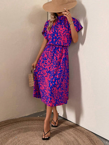 Women's All Over Printed Stand Collar Short Sleeve Summer Dress