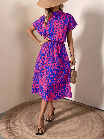 Women's All Over Printed Stand Collar Short Sleeve Summer Dress