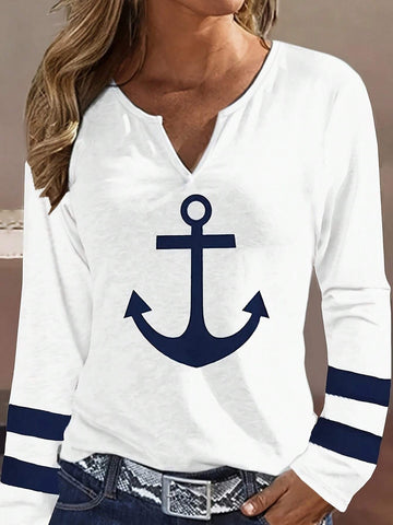 LUNE Women's Anchor Print Notched Neck Long Sleeve T-Shirt