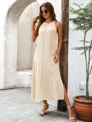 Women's Apricot-Colored Long Vacation Leisure Dress For Summer