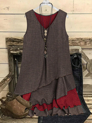 Women's Asymmetrical Layered Contrast Color Hem Sleeveless Short Dress, Summer-Autumn
