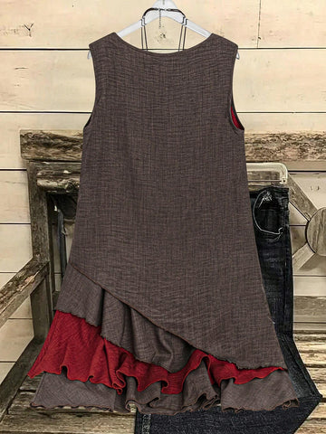 Women's Asymmetrical Layered Contrast Color Hem Sleeveless Short Dress, Summer-Autumn