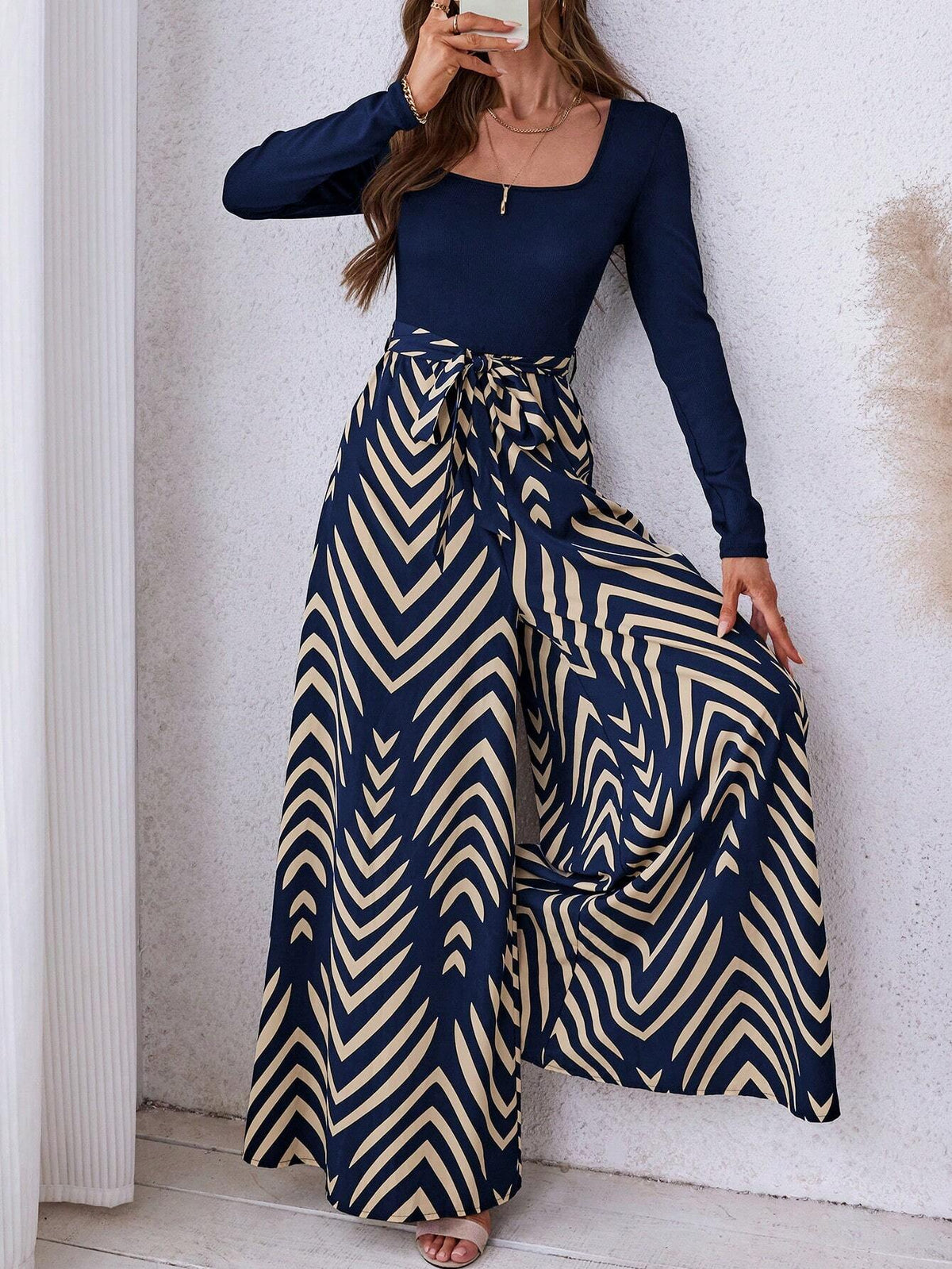 Women's Solid Color Ribbed Patchwork Geometric Print Boho Casual Jumpsuit, Autumn/Winter