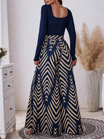 Women's Solid Color Ribbed Patchwork Geometric Print Boho Casual Jumpsuit, Autumn/Winter