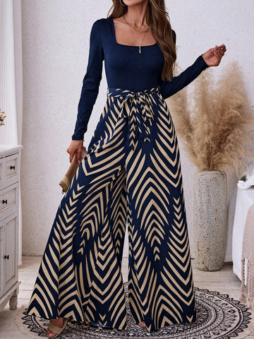 Women's Solid Color Ribbed Patchwork Geometric Print Boho Casual Jumpsuit, Autumn/Winter