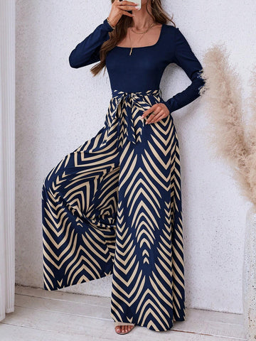 Women's Solid Color Ribbed Patchwork Geometric Print Boho Casual Jumpsuit, Autumn/Winter