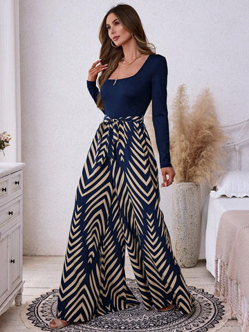 Women's Solid Color Ribbed Patchwork Geometric Print Boho Casual Jumpsuit, Autumn/Winter