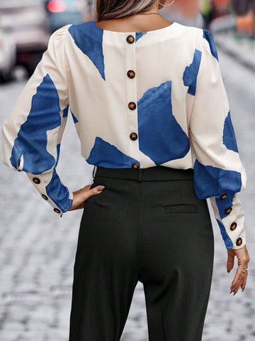 LUNE Women's Autumn Contrast Color Round Neck Lantern Sleeve Back Single-Breasted Casual Shirt