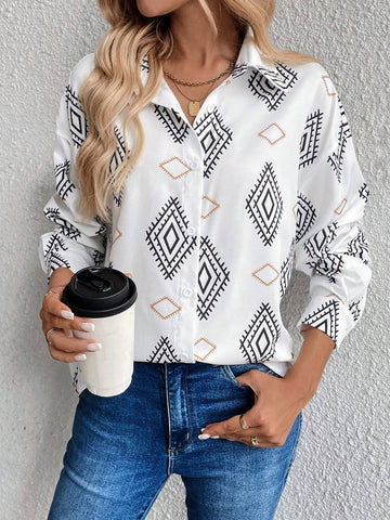 LUNE Women's Autumn Geometric Print Long Sleeve Asymmetric Casual Shirt