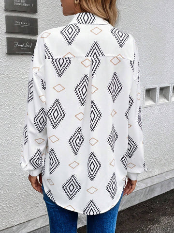 LUNE Women's Autumn Geometric Print Long Sleeve Asymmetric Casual Shirt