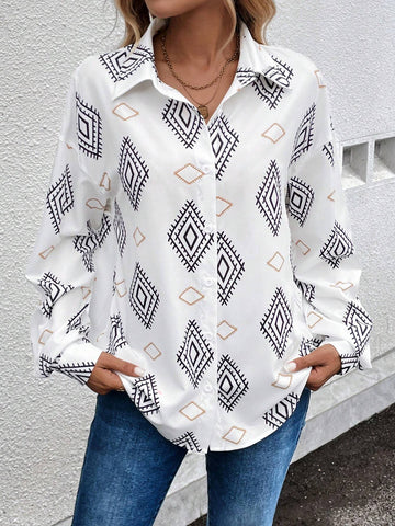LUNE Women's Autumn Geometric Print Long Sleeve Asymmetric Casual Shirt