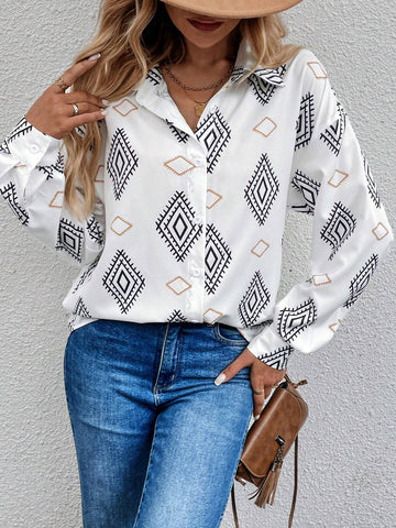 LUNE Women's Autumn Geometric Print Long Sleeve Asymmetric Casual Shirt