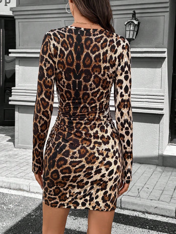 Women's Autumn Leopard Print Ruched Fitted Mini Dress