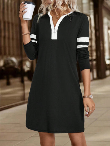 Women's Autumn Long Sleeve Color Block Zip V-Neck Short Dress