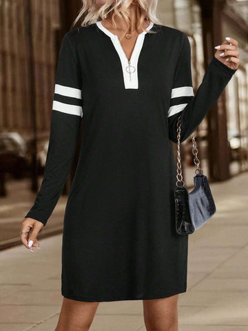 Women's Autumn Long Sleeve Color Block Zip V-Neck Short Dress