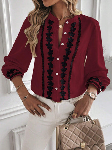 LUNE Women's Autumn Notch Collar V-Neck Lace Patchwork Long Sleeve Elegant Blouse