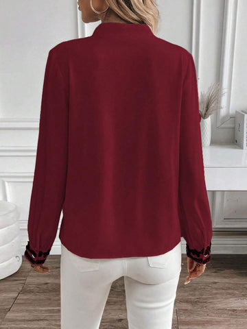 LUNE Women's Autumn Notch Collar V-Neck Lace Patchwork Long Sleeve Elegant Blouse