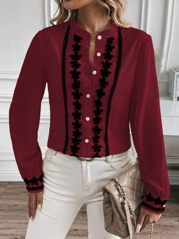 LUNE Women's Autumn Notch Collar V-Neck Lace Patchwork Long Sleeve Elegant Blouse