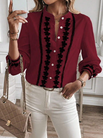 LUNE Women's Autumn Notch Collar V-Neck Lace Patchwork Long Sleeve Elegant Blouse
