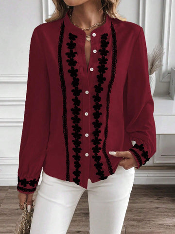 LUNE Women's Autumn Notch Collar V-Neck Lace Patchwork Long Sleeve Elegant Blouse