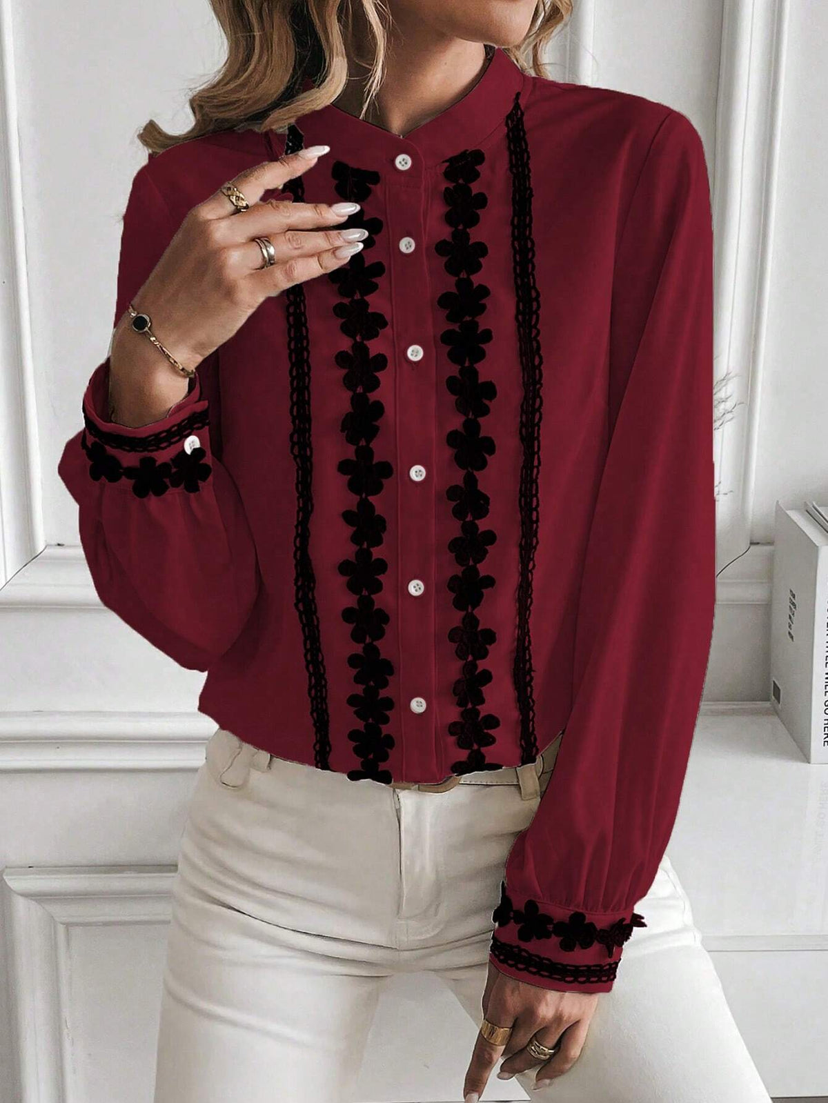 LUNE Women's Autumn Notch Collar V-Neck Lace Patchwork Long Sleeve Elegant Blouse